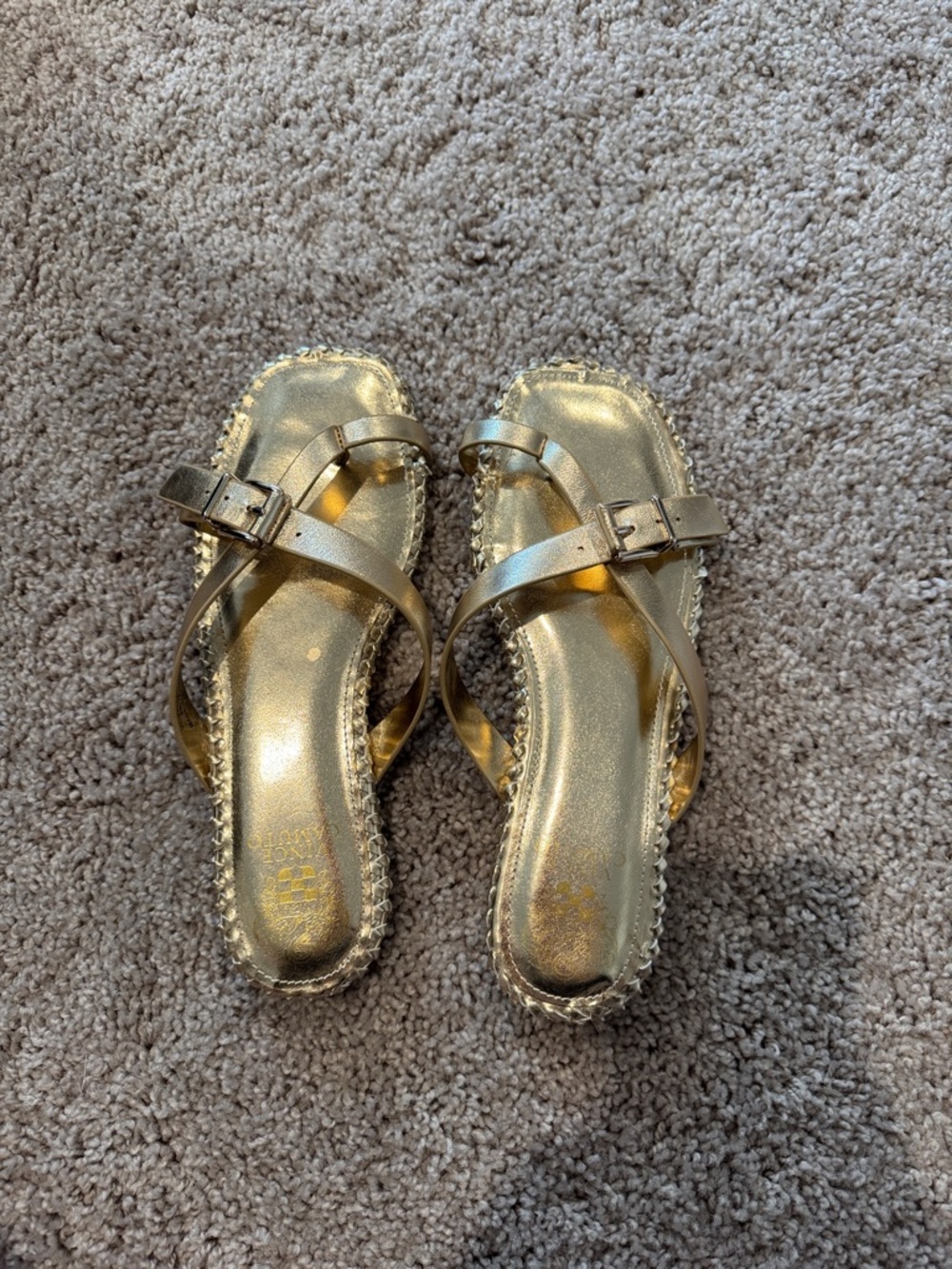 Vince Camuto Metallic Gold Cross-Strap Buckle Slide Sandals